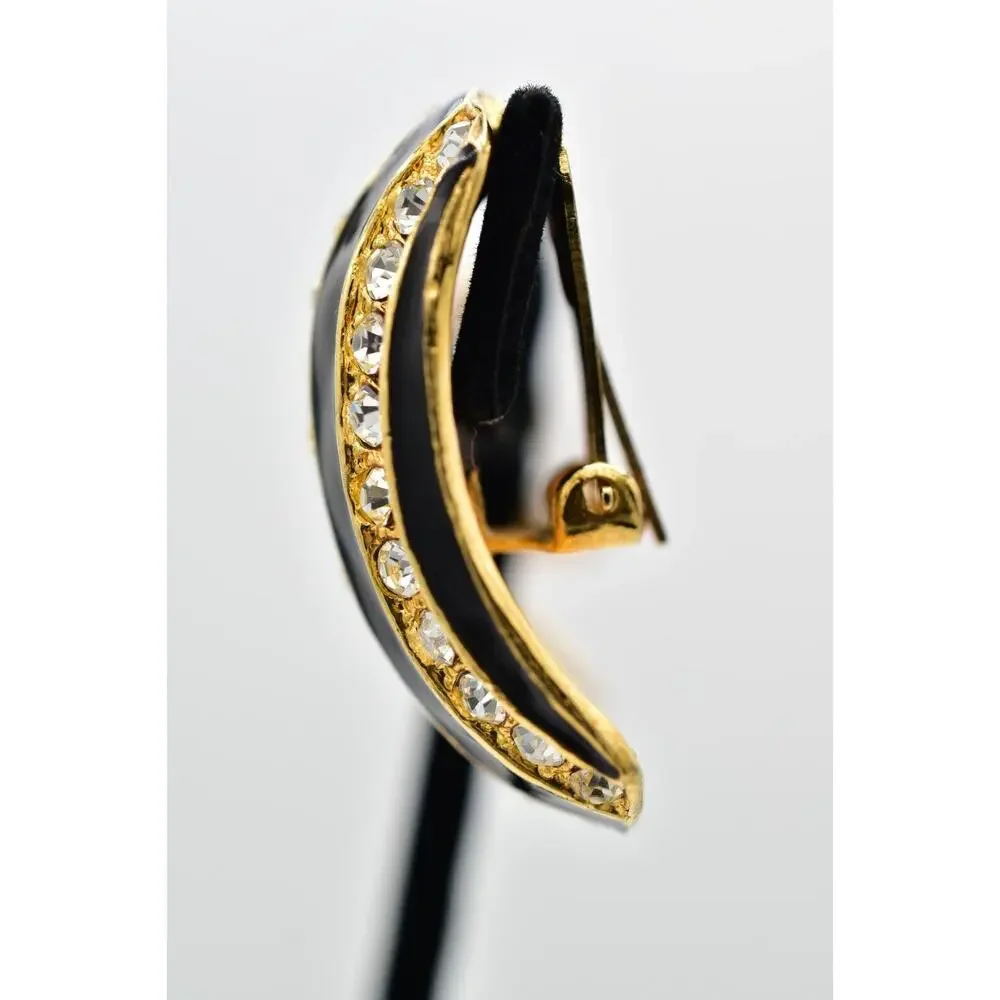 Vintage Crystal Clip On Earrings Black Enamel Rhinestone Gold Chunky 1980s BinBK
